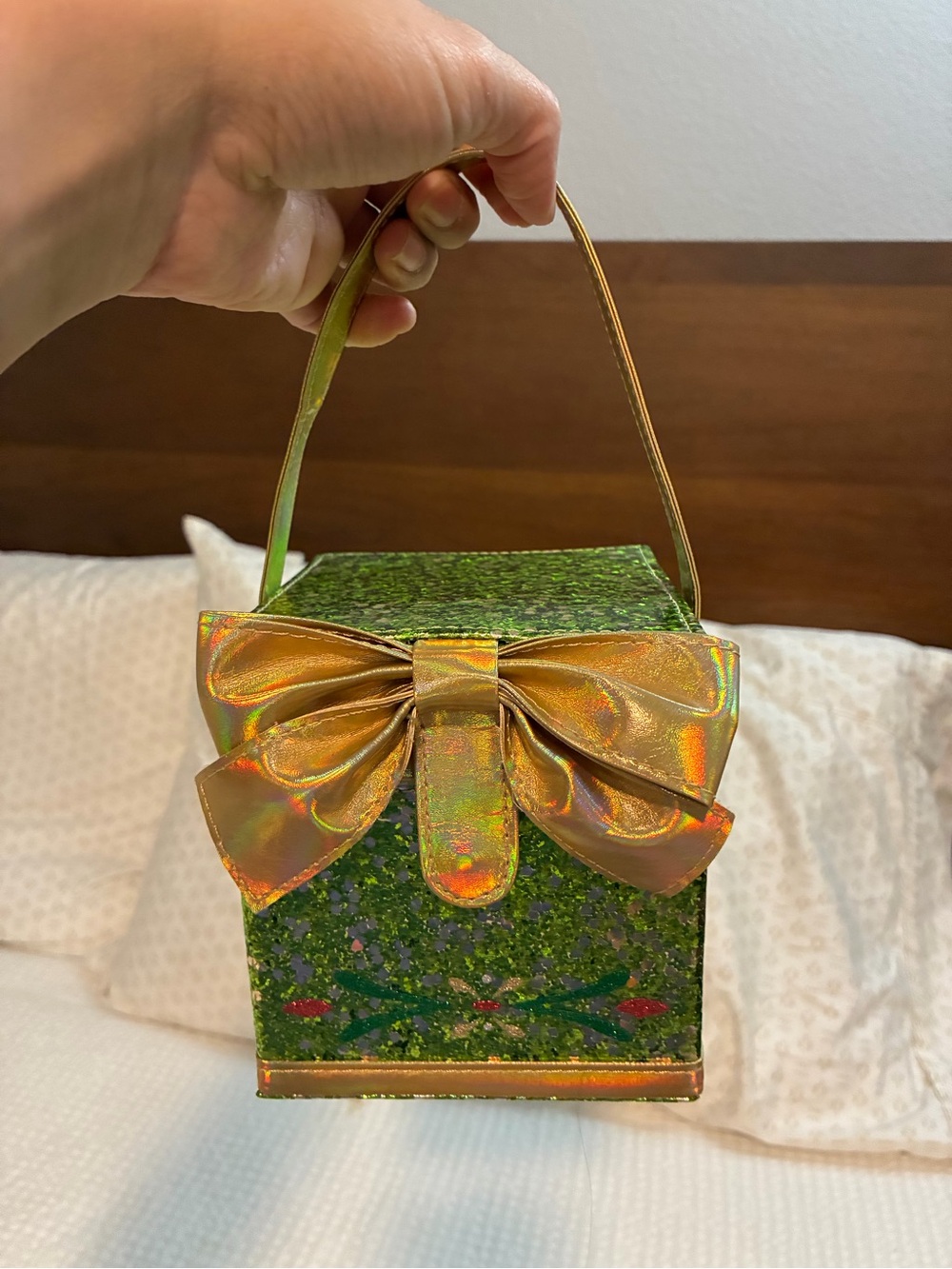 Disney Green Glitter Holiday Tote with Gold Bow